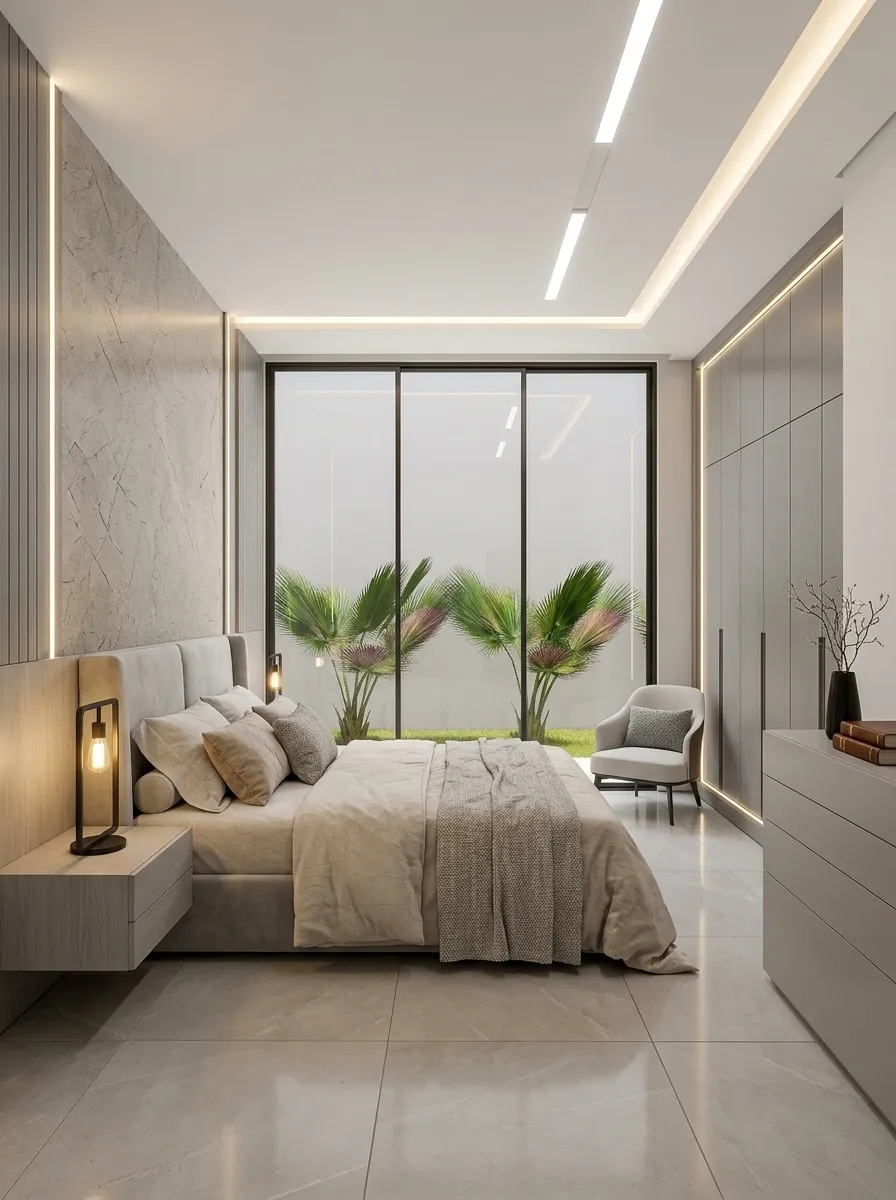 Suíte master com painel ripado, iluminação indireta e porta de vidro para o jardim